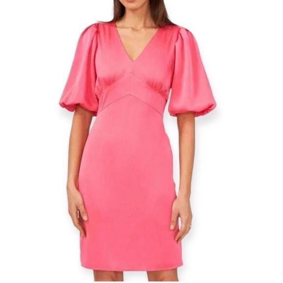 Halogen Pink Satin Dress Size‎ XS Puff Sleeve V-neck Short Dress Feminine Dainty - Picture 3 of 15